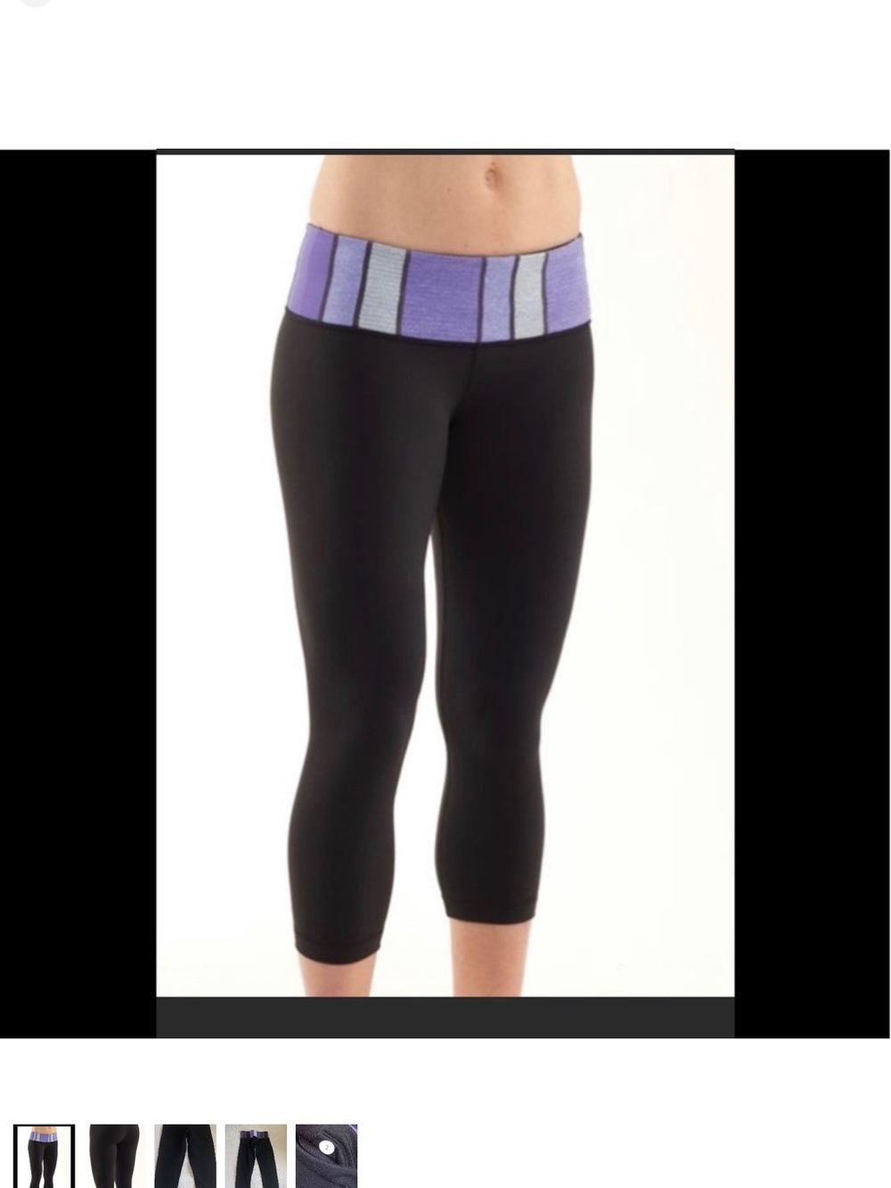 Black Capri Leggings with Purple Striped Fold-Over Waistband